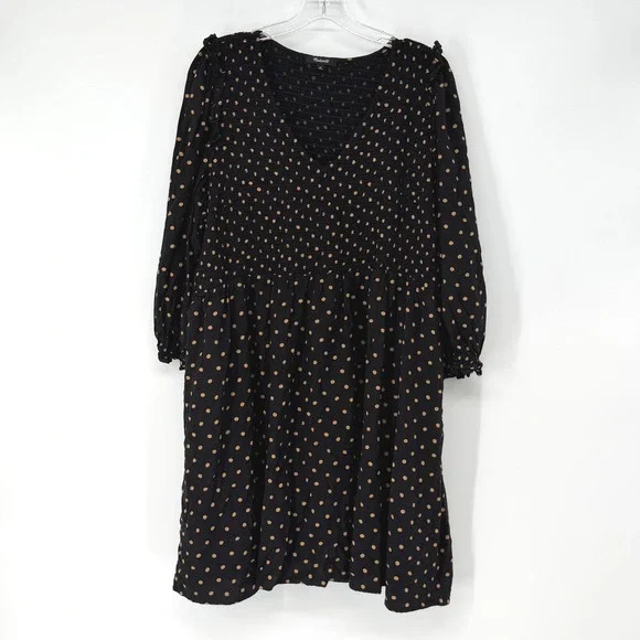 Madewell 2X Black Brown Polka Dot Smocked Babydoll Dress Midi Boho Peasant - Picture 1 of 6